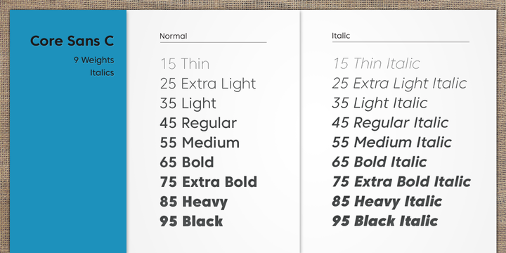 Пример шрифта Core Sans C 25 ExtraLight Italic
