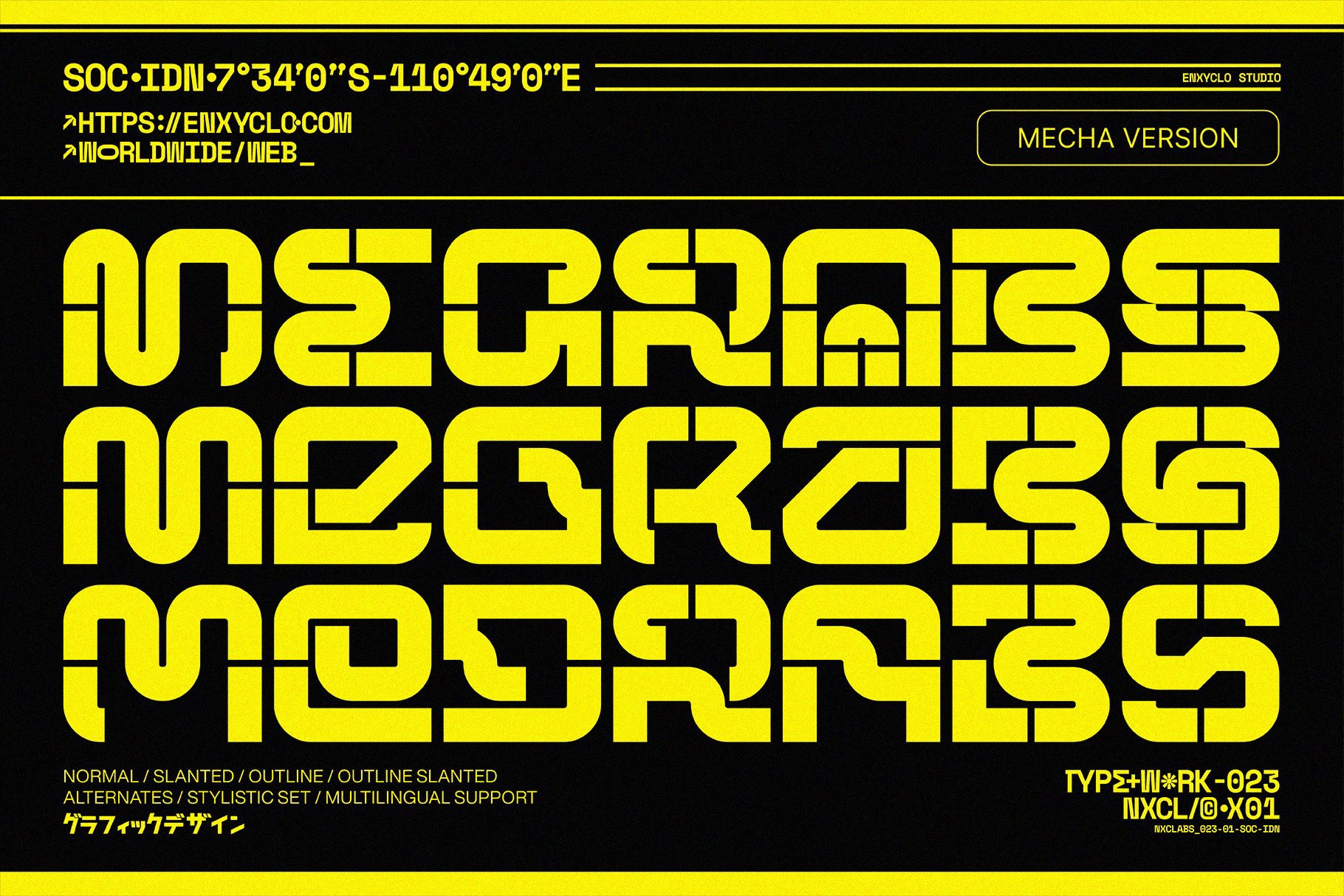 Пример шрифта NCL Megrabs Mecha Mecha Outline Slant